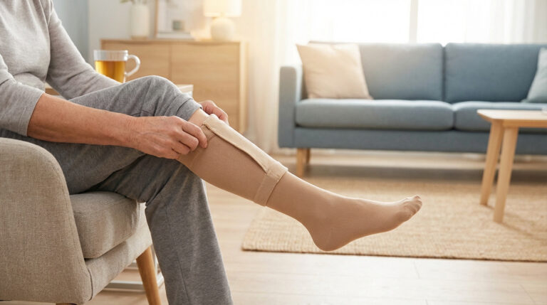Une personne âgée assise met un bas de contention beige sur sa jambe droite à l'aide d'un dispositif, dans un salon lumineux.