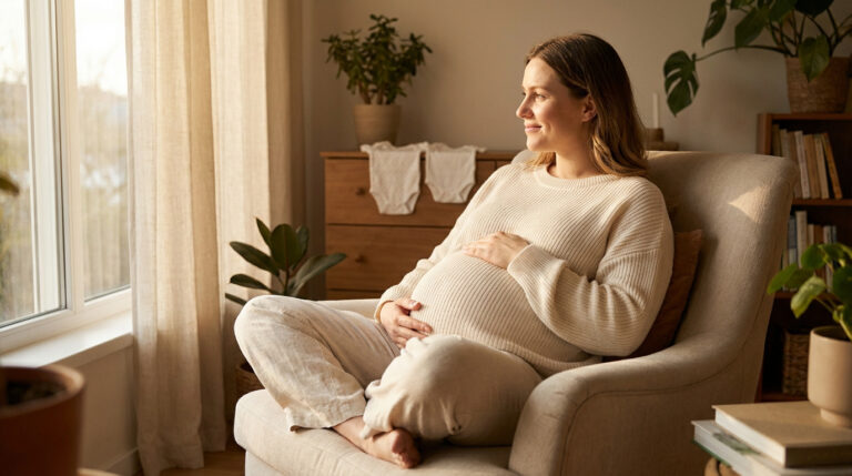 Femme enceinte souriante caresse son ventre, assise près d'une fenêtre. Deux bodys identiques en arrière-plan évoquent des jumeaux.