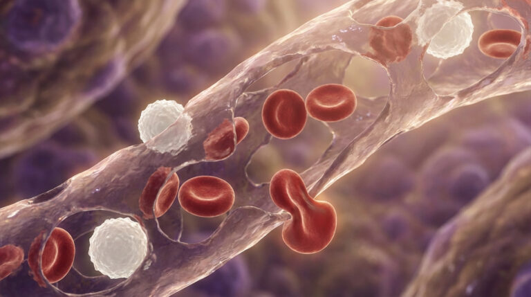 Illustration 3D montrant des globules rouges discoïdes rouges et des globules blancs sphériques blancs traversant un capillaire sinusoïde.