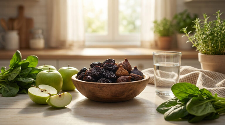 Ingrédients naturels pour soulager la constipation : prunes, figues, pommes, épinards, eau sur table en bois.