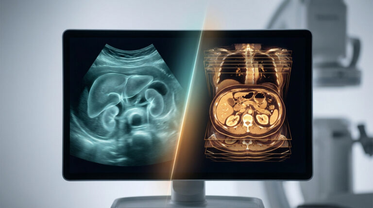Écran affichant une échographie abdominale (gauche) et un scanner abdominal (droite) pour comparer les techniques d'imagerie médicale.