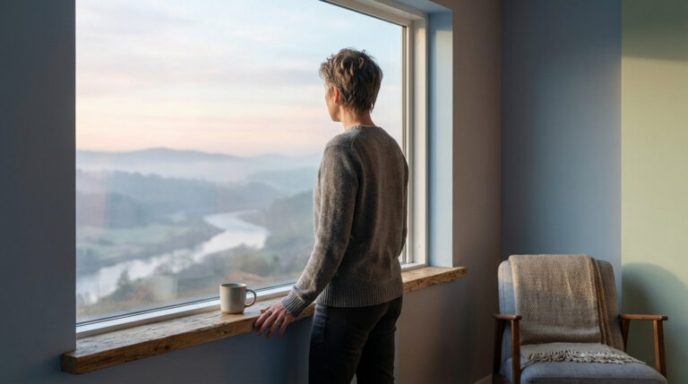 Une personne pensive, vue de dos, regarde un paysage brumeux avec rivière depuis une fenêtre. Une tasse est sur le rebord.