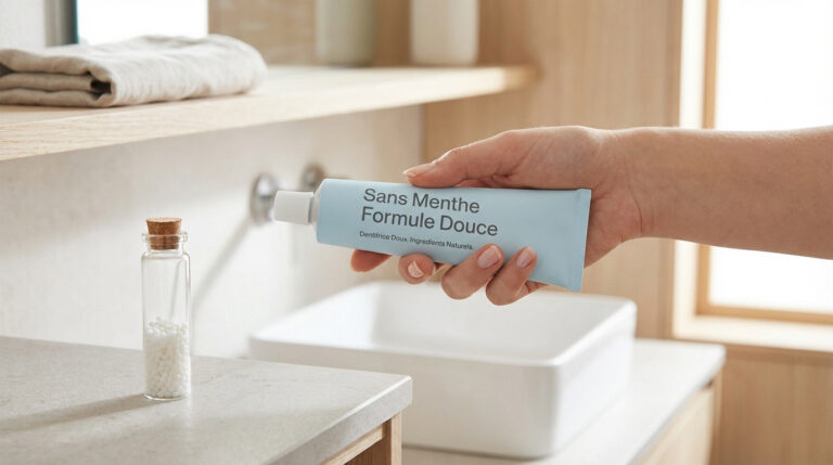 Main tient un dentifrice "Sans Menthe Formule Douce", à côté d'un flacon d'homéopathie en verre sur un comptoir de salle de bain moderne.