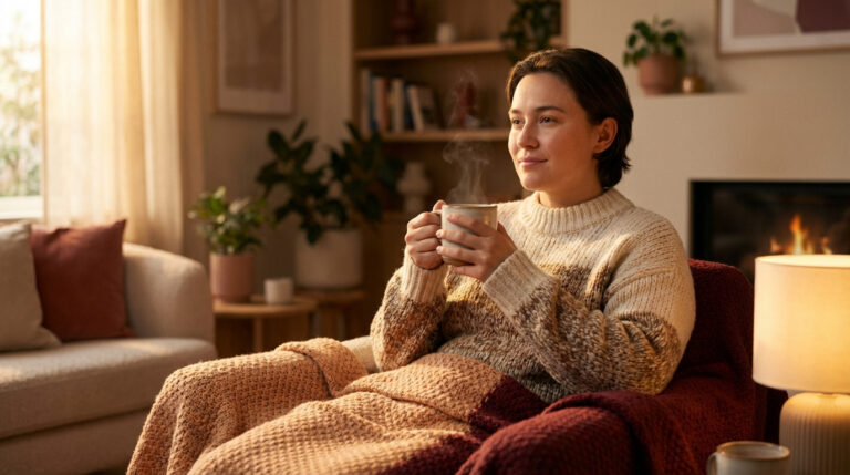 Une femme souriante, emmitouflée dans une couverture et un pull, boit une boisson chaude près d'une cheminée allumée.