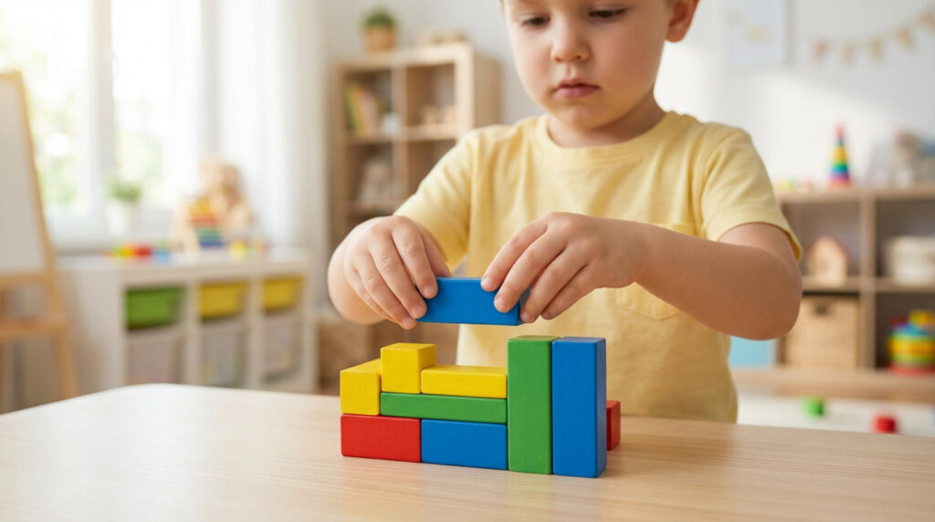 Un enfant concentré assemble des blocs de bois colorés (rouge, bleu, vert, jaune) sur une table. Il développe sa praxie visuo-constructive.