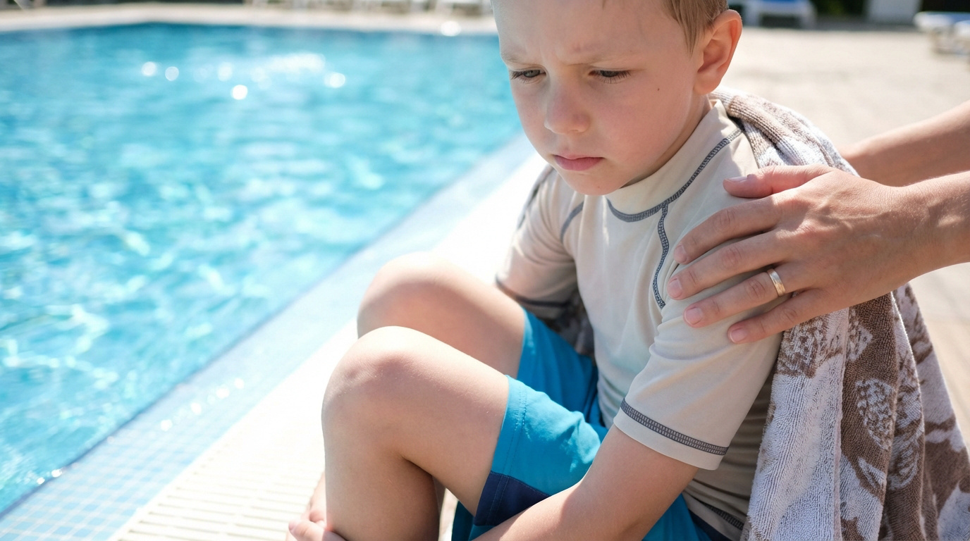 Jeune garçon en maillot de bain, l'air triste, assis au bord de la piscine, réconforté par une main adulte sur son épaule.