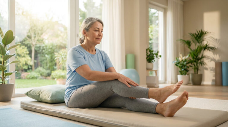 Femme d'âge mûr aux cheveux gris faisant des exercices doux sur un tapis de sol, étirant ses jambes, dans un intérieur lumineux. Représente la gestion de la gonarthrose.