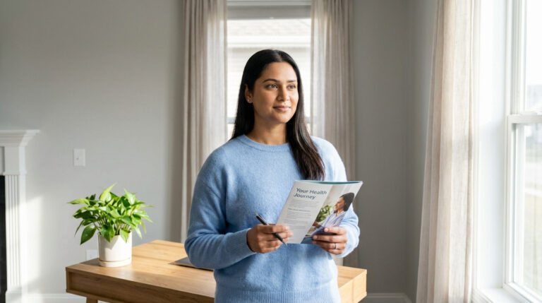 Femme pensive avec brochure "Your Health Journey" et stylo, dans une pièce lumineuse. Elle contemple son parcours de santé.