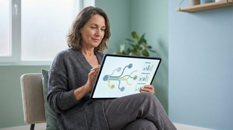 Une femme d'âge mûr assise, consulte une tablette affichant des graphiques et des schémas d'information médicale.