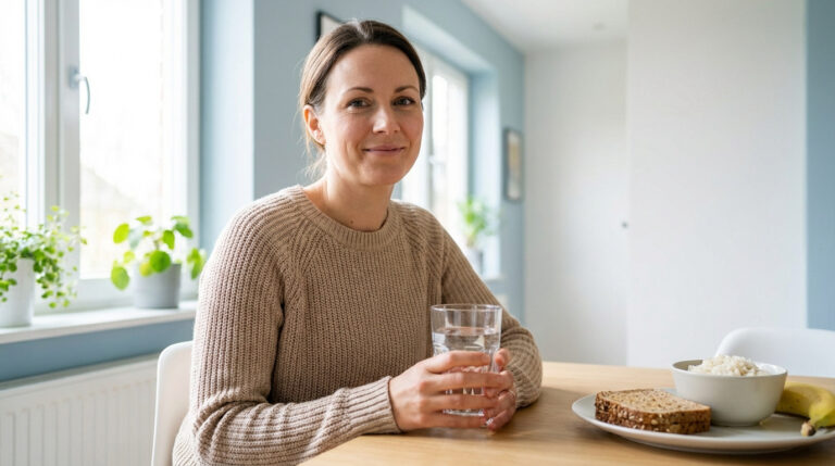 Femme souriante à table avec un verre d'eau, du pain complet, du riz et une banane, symbolisant une alimentation saine.