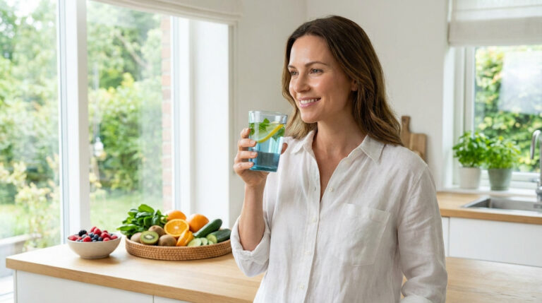 Femme souriante buvant de l'eau infusée. Fruits et légumes frais sur le comptoir d'une cuisine. Suggère hydratation et santé digestive.