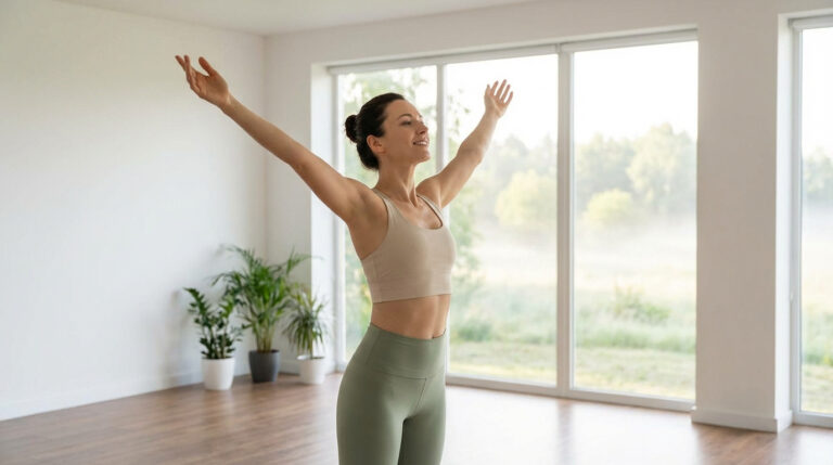 Femme souriante en tenue de sport, bras levés dans une pièce lumineuse avec vue sur la nature.