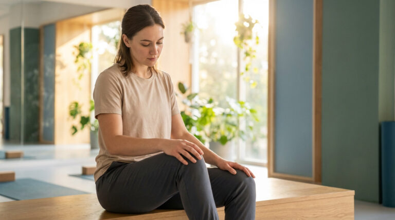Jeune femme aux cheveux bruns, assise, le regard baissé vers ses genoux, les mains posées sur les cuisses, dans un espace lumineux.