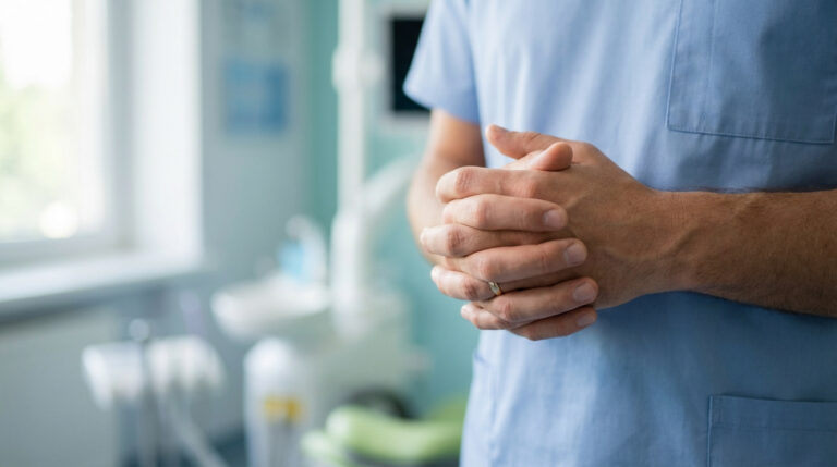 Gros plan sur les mains entrelacées d'un professionnel de santé en blouse bleue dans un environnement clinique flou.