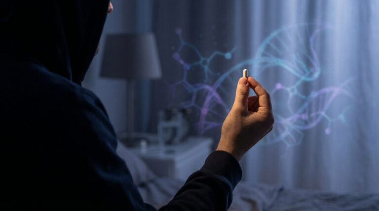 Main tenant une pilule blanche devant des structures moléculaires et une double hélice d'ADN lumineuses, symbolisant l'action médicamenteuse.
