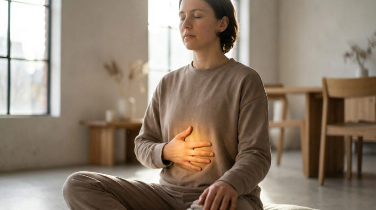 Une femme aux cheveux courts et aux yeux fermés est assise en tailleur, les mains sur son abdomen où une lumière jaune brille. Contexte de relaxation.