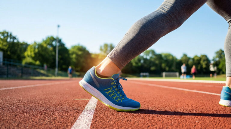 Jambe d'un coureur en leggings gris et basket bleue sur une piste d'athlétisme rouge au départ, symbolisant la reprise.