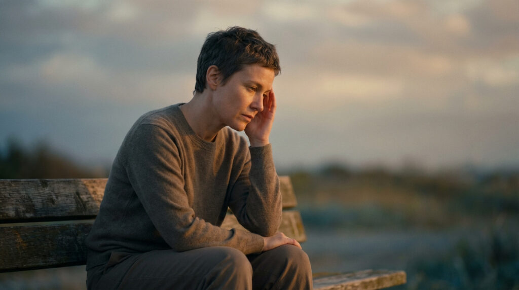 Femme aux cheveux courts, pensive, assise sur un banc en bois. Main sur la tempe, regard baissé, ciel doux au coucher du soleil.