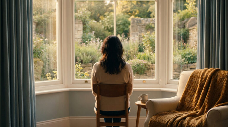 Femme assise de dos face à une grande fenêtre, contemplant un jardin verdoyant. L'intérieur est apaisant, avec un fauteuil confortable.