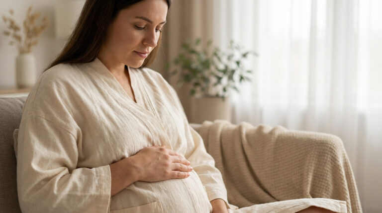 Une femme enceinte assise, vêtue d'une robe claire, caresse doucement son ventre arrondi, le regard tourné vers son bébé.