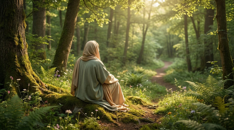 Une personne vêtue de drapés clairs est assise dans une forêt luxuriante et ensoleillée, dos à la lumière, sur un lit de mousse.