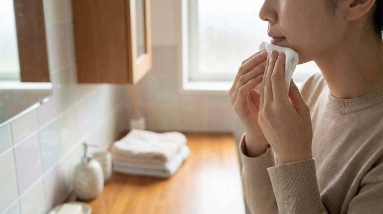 Profil d'une personne dans une salle de bain, appliquant délicatement une petite serviette blanche sur le côté de sa bouche.