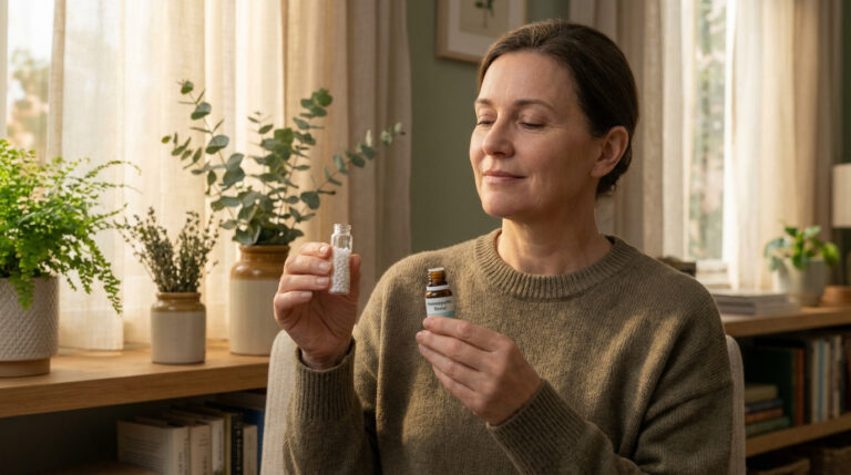 Femme souriante tenant des granules homéopathiques et un flacon, dans un salon lumineux avec plantes.