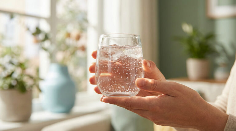 Deux mains tiennent un verre d'eau avec des glaçons et des bulles, devant une fenêtre lumineuse et des plantes d'intérieur.
