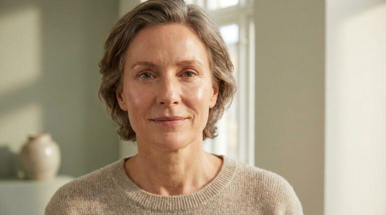 Portrait rapproché d'une femme mature aux cheveux gris, regardant la caméra. Sa peau est lumineuse, témoin d'une bonne hydratation.