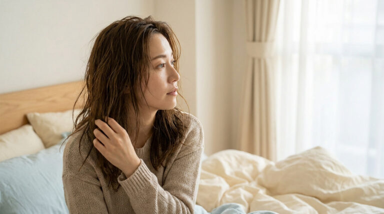 Jeune femme aux cheveux bruns et humides, visiblement gras, assise sur son lit le matin, l'air pensif.