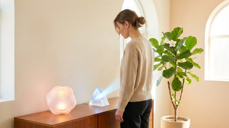 Femme face à un dispositif émettant une lumière bleue, près d'une lampe rose et une plante. Ambiance moderne et contemplative.