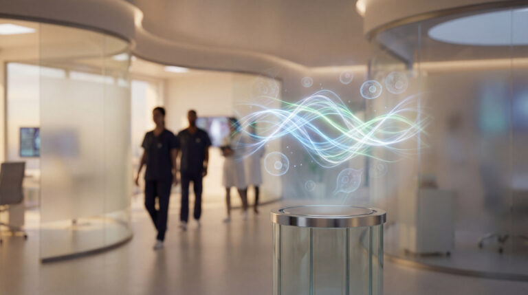 Dispositif médical futuriste avec ondes lumineuses et cellules virtuelles, personnel soignant flou en arrière-plan d'un hôpital moderne.