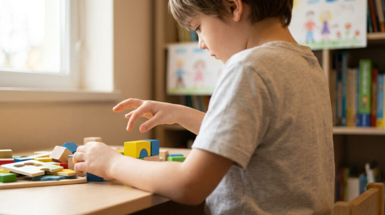 Jeune garçon concentré manipulant des blocs et un puzzle en bois sur une table, dans une pièce lumineuse. Illustre les activités motrices fines.