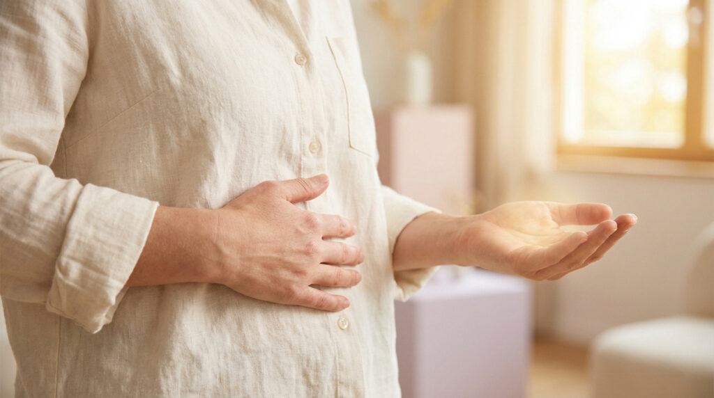 Personne avec une main sur l'abdomen (douleur ou inconfort) et l'autre paume ouverte, recherchant un traitement ou une solution.