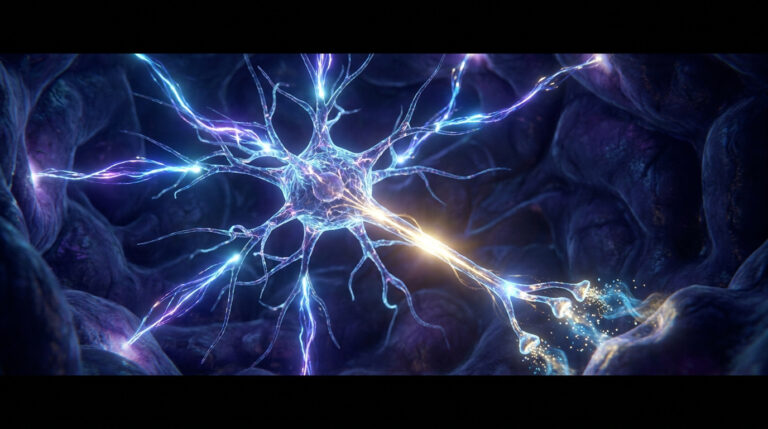 Illustration 3D d'un neurone lumineux transmettant un signal électrique et chimique dans un réseau neural sombre.