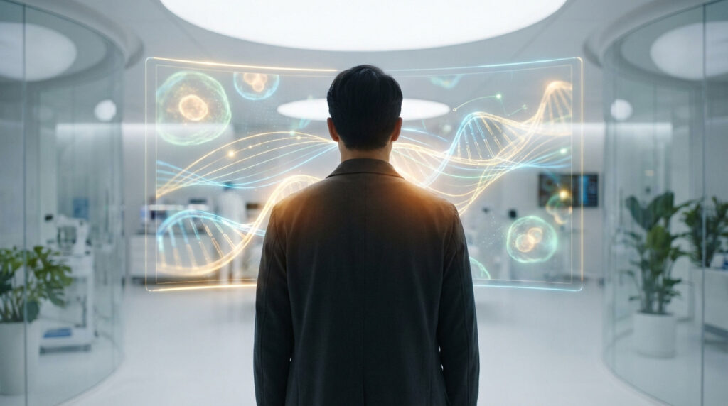 Homme de dos face à un écran holographique affichant des brins d'ADN et des cellules, dans un laboratoire futuriste.