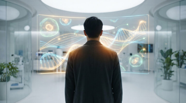 Homme de dos face à un écran holographique affichant des brins d'ADN et des cellules, dans un laboratoire futuriste.