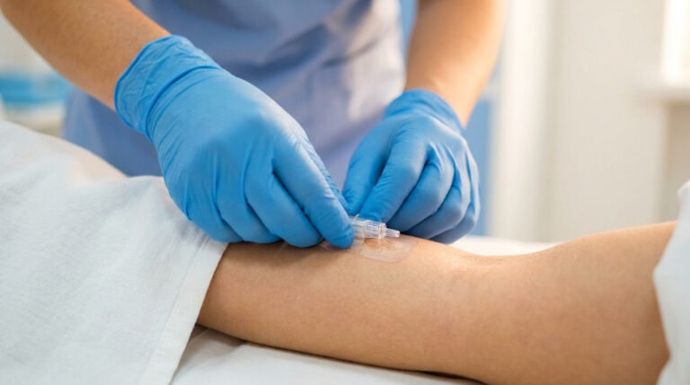 Mains gantées d'un soignant préparant la pose d'une perfusion sous-cutanée sur le bras d'un patient.