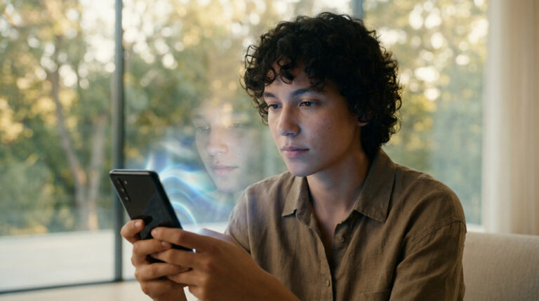Jeune regardant intensément un smartphone. Un visage éthéré et lumineux, comme une version idéalisée, flotte à côté d'elle.
