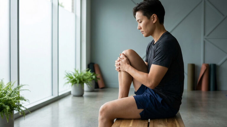 Jeune homme en tenue de sport, assis sur un banc en bois, tient son genou avec une expression concentrée dans un studio calme et lumineux.
