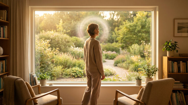 Femme de dos regardant un jardin ensoleillé par la fenêtre, avec un halo visuel autour de sa tête, dans un intérieur apaisant.