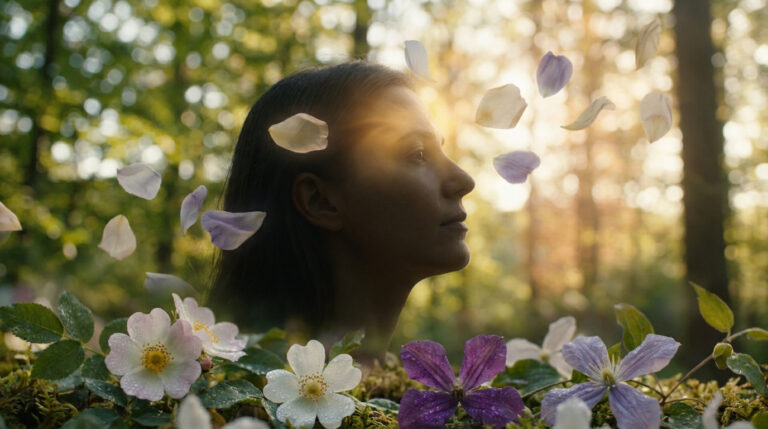Profil d'une femme sereine dans une forêt ensoleillée, avec des pétales flottant et des fleurs naturelles au premier plan.