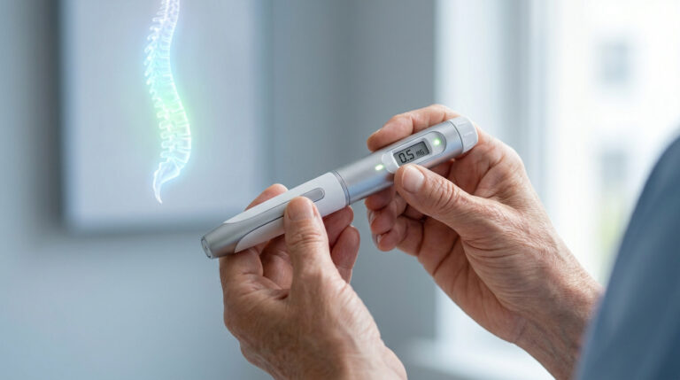 Mains tenant un stylo injecteur Forsteo affichant 0.5 mg, avec une colonne vertébrale lumineuse en arrière-plan.