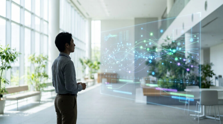 Un homme regarde un grand écran holographique affichant des graphiques de données complexes dans un bureau moderne et lumineux.