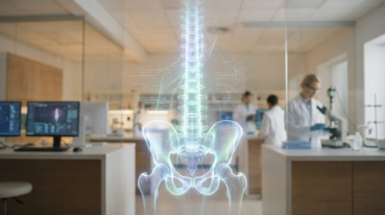 Projection 3D holographique du squelette (colonne, bassin) dans un laboratoire médical où des chercheurs étudient des données.