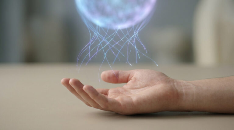 Une main ouverte reçoit une sphère lumineuse émettant des fils de lumière bleus et violets, évoquant les connexions neurales.
