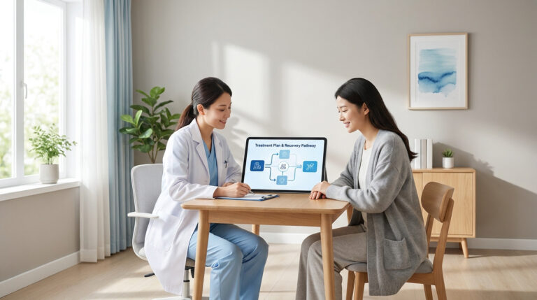 Médecin expliquant un plan de traitement et récupération à une patiente sur tablette dans un bureau lumineux.