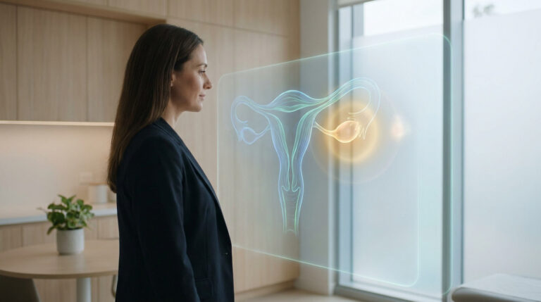 Femme regardant une visualisation holographique de l'appareil reproducteur féminin, un kyste paratubaire est mis en évidence.