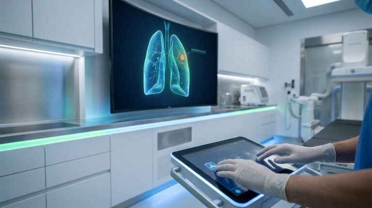 Image d'un poumon virtuel avec un micronodule sur un écran, contrôlée par un médecin avec une tablette dans un environnement médical high-tech.