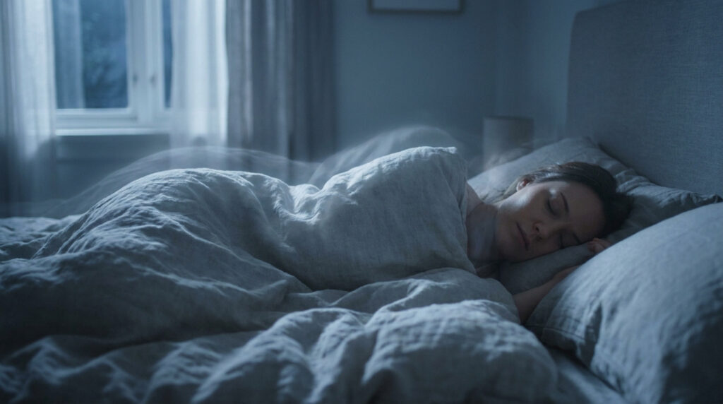 Femme endormie dans un lit sombre, des draps gris. Une lueur éthérée flotte au-dessus, évoquant une sensation ou un rêve.